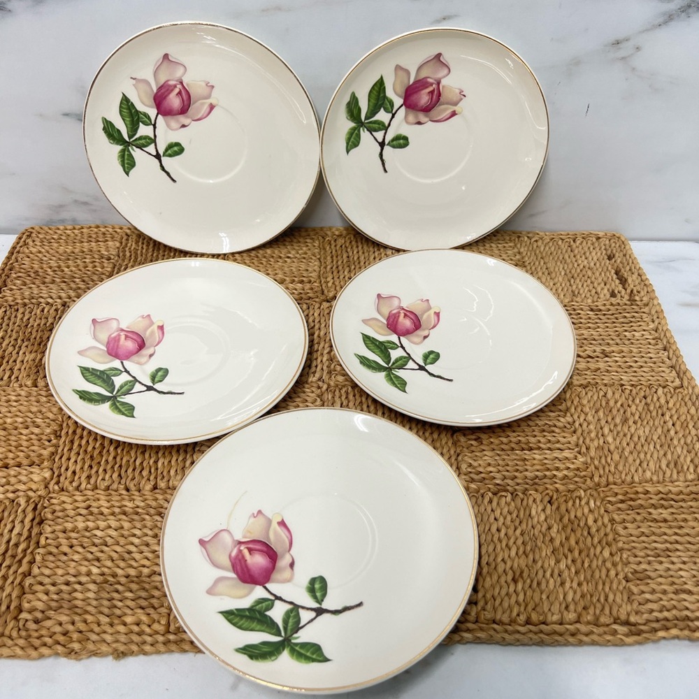Vintage plates pink flower saucers crooksville decor serving